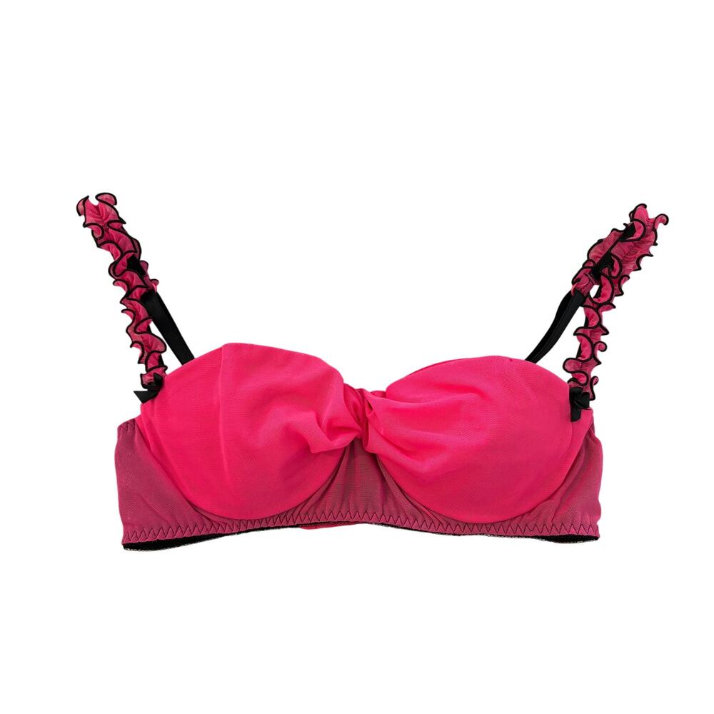 Y2K Frederick's of Hollywood Hot Pink Bow Ruffle Silky Balconette Style Bra 36